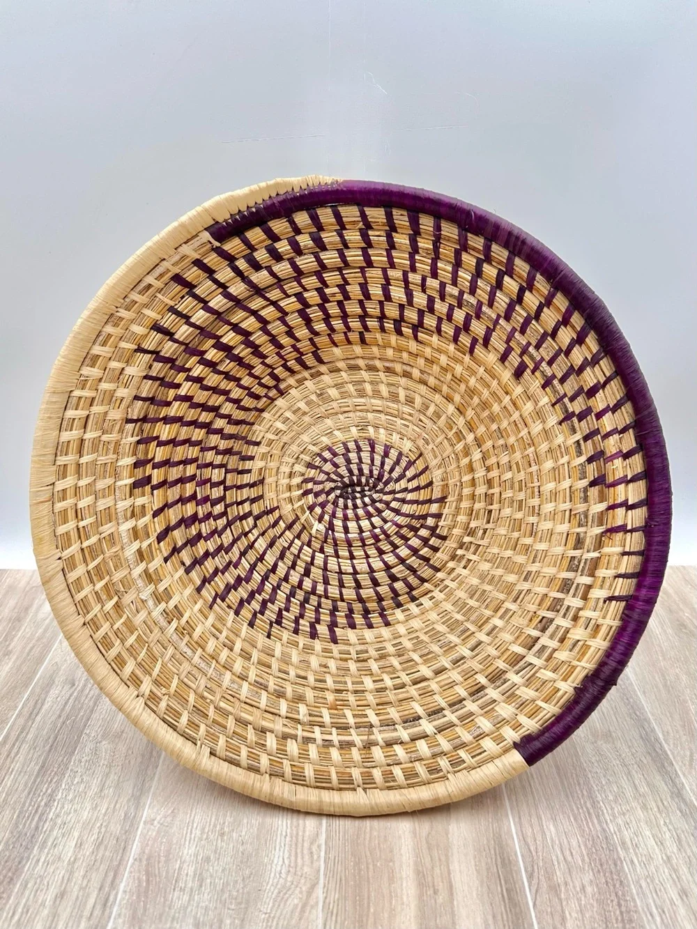 Handmade Woven Purple Sweet Grass Spiral Coiled Basket Bowl Wall Hang Decor 12”